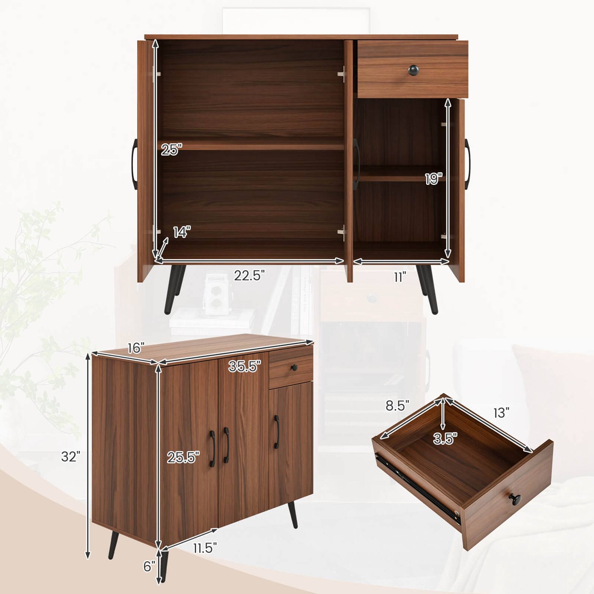 The image features a wooden cabinet with a drawer and a shelf. The cabinet is 25 inches tall, 19 inches wide, and 14 inches deep. The drawer is 22.5 inches tall, 11 inches wide, and 16 inches deep. The shelf is 35.5 inches tall, 8.5 inches wide, and 13 inches deep. The cabinet is accompanied by a potted plant, a book, and a vase.