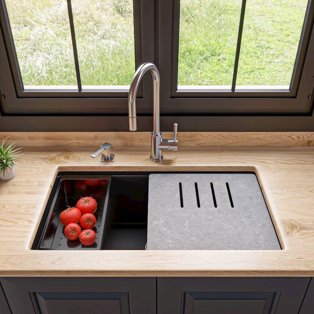 Left. Alfi - Black 33" Granite Composite Workstation Step Rim Single Bowl Undermount Sink - Black.