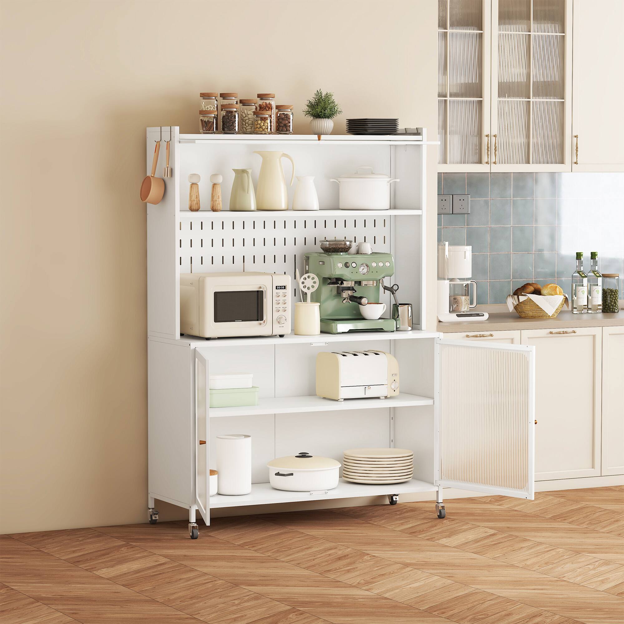 Back. Dexmalle - Dexmalle-Kitchen Storage Cabinet with Glass Doors,Pegboard and Adjustable Shelves,Microwave Stand-White - White.
