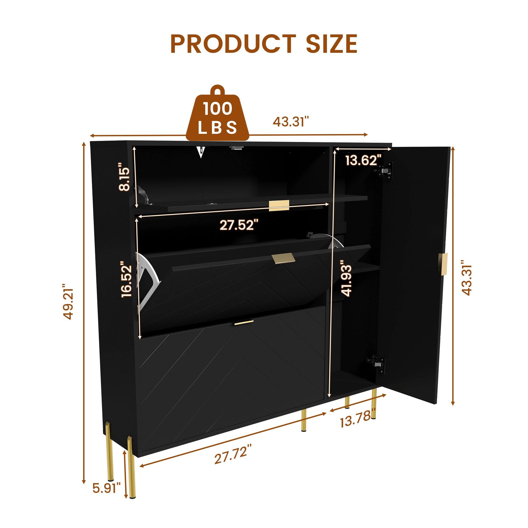 PRODUCT SIZE  
8.15" 100 LBS  
43.31" 13.62" 27.52" 49.21" 16.52" 41.93" 43.31" 5.91" 27.72" 13.78"