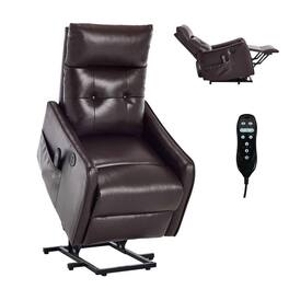 Kadyn - Power Lift Recliner Chair, Single Motor Massage & Heat, USB Port, 155° Recline, PU Leather, Dark - Brown