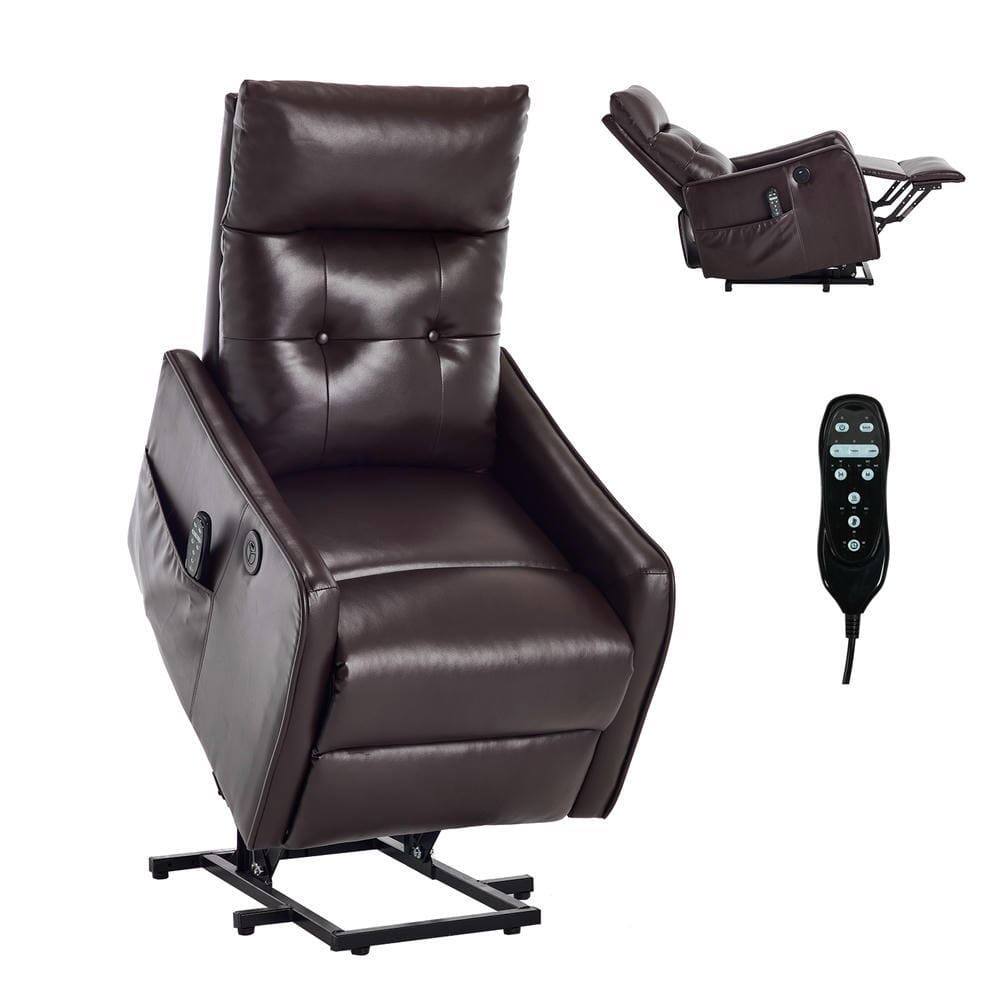 Front. Kadyn - Power Lift Recliner Chair, Single Motor Massage & Heat, USB Port, 155° Recline, PU Leather, Dark Brown - Brown.