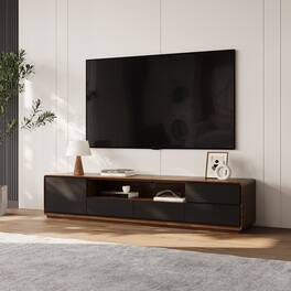 POVISON - 70.87"Modern Wood TV Stand, Lowline TV Console With Drawers, Open Storage, Cabinet, Walnut Veneer, Fully-Assembled - Dark Wood & Black