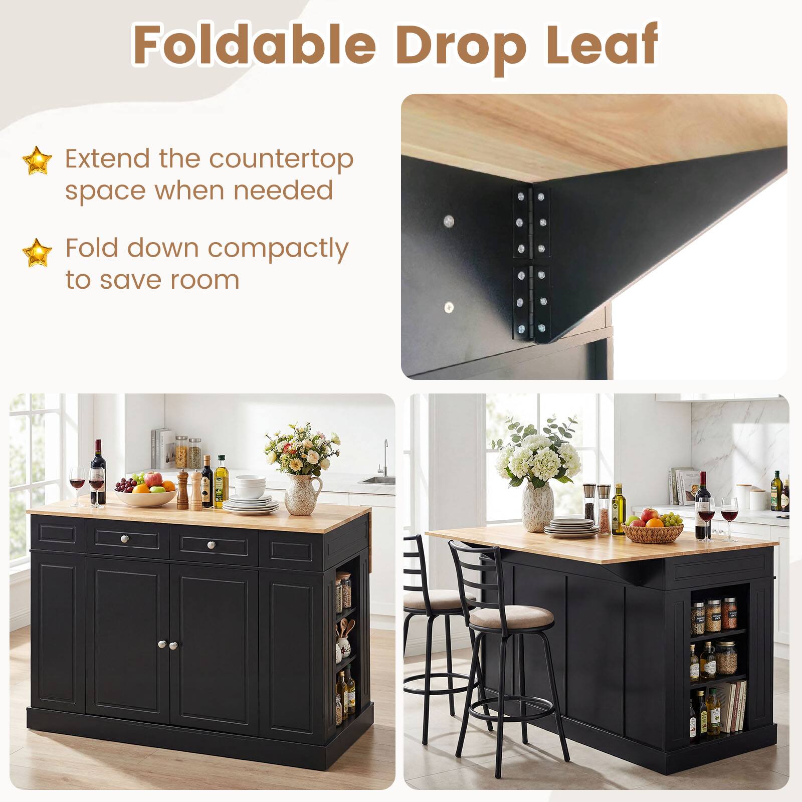 Foldable Drop Leaf

- Extend the countertop space when needed
- Fold down compactly to save room