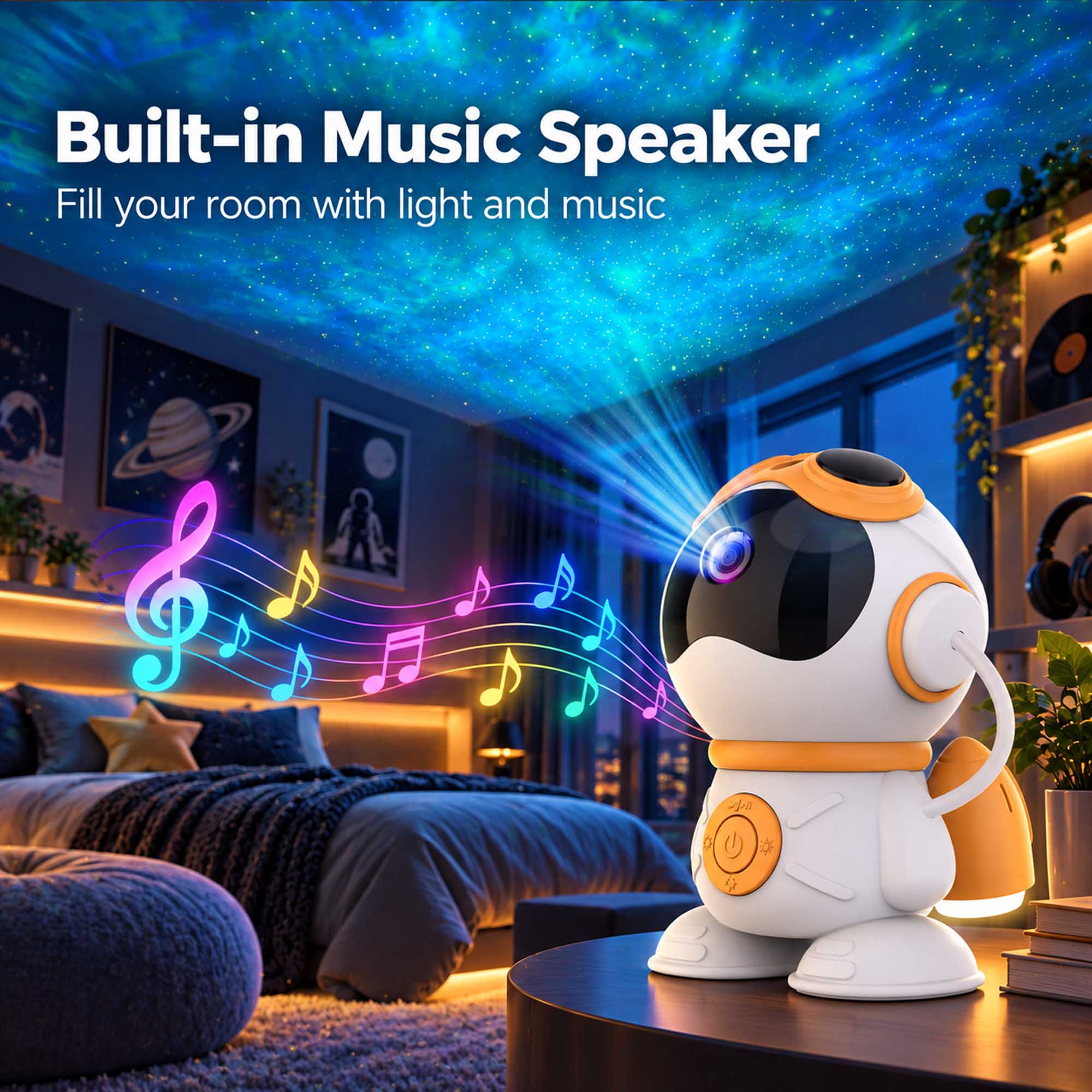 Built-in Music Speaker  
Fill your room with light and music