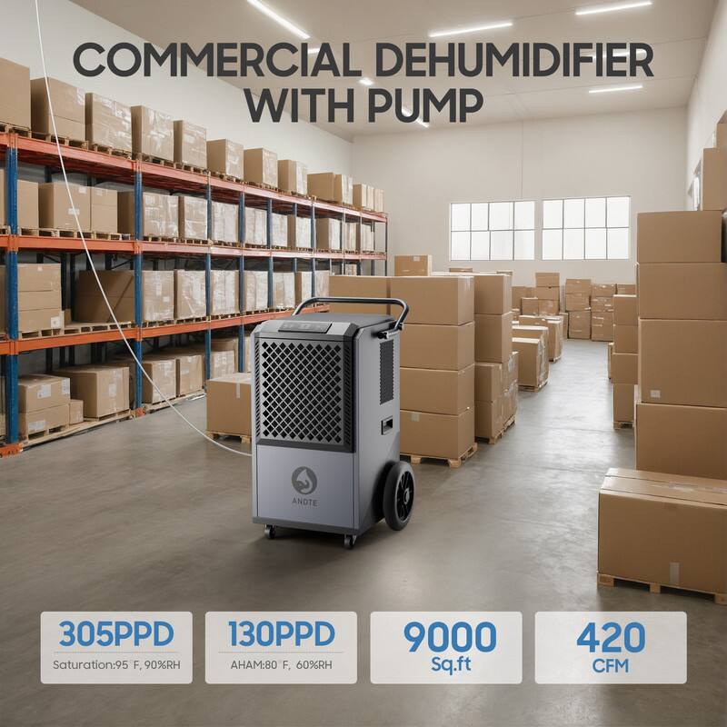 COMMERCIAL DEHUMIDIFIER WITH PUMP

305 PPD  
Saturation: 95 F, 90% RH

130 PPD  
AHAM: 80 F, 60% RH

9000 Sq.ft

420 CFM