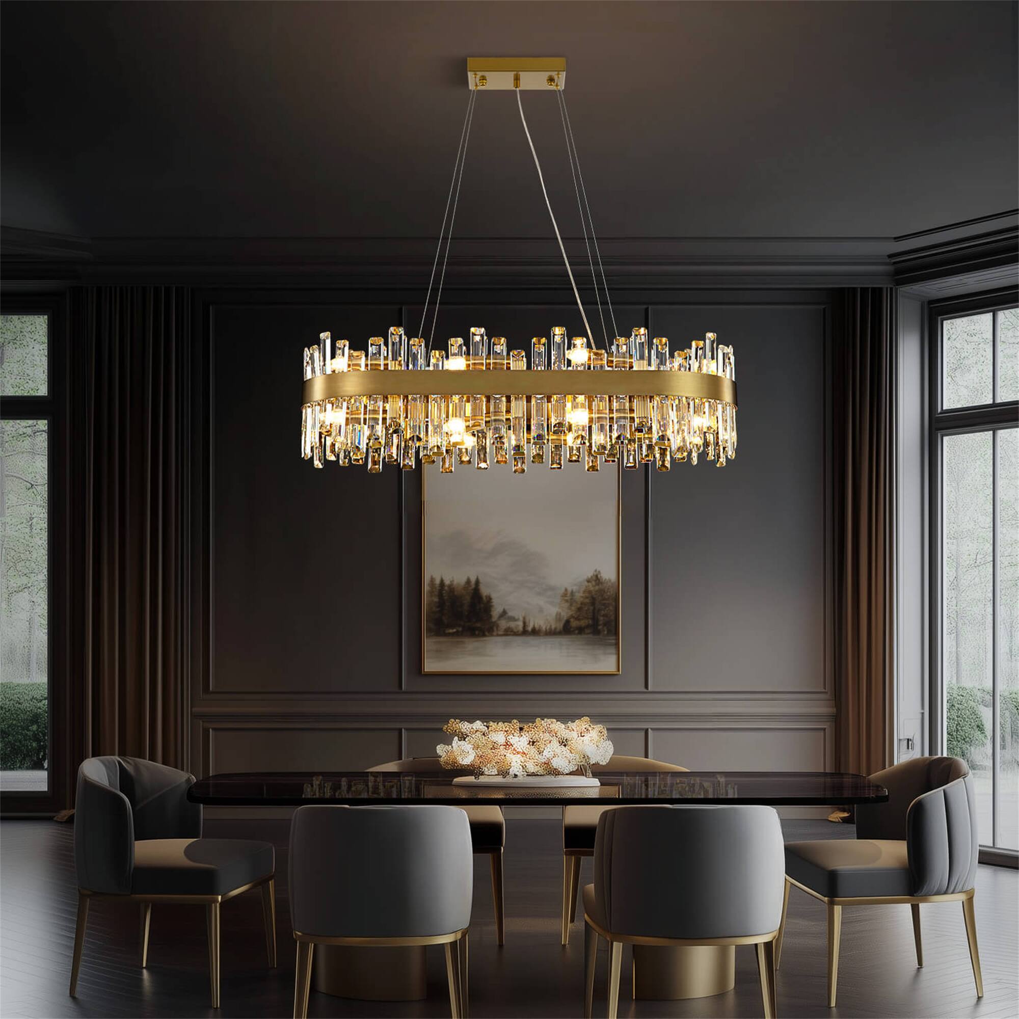 Angle. Siljoy - Siljoy 20-Light Brushed Gold Rectangle Chandelier, 52in K9 Crystal Raindrop E12 Pendant for Dining/Living/Kitchen - Gold.