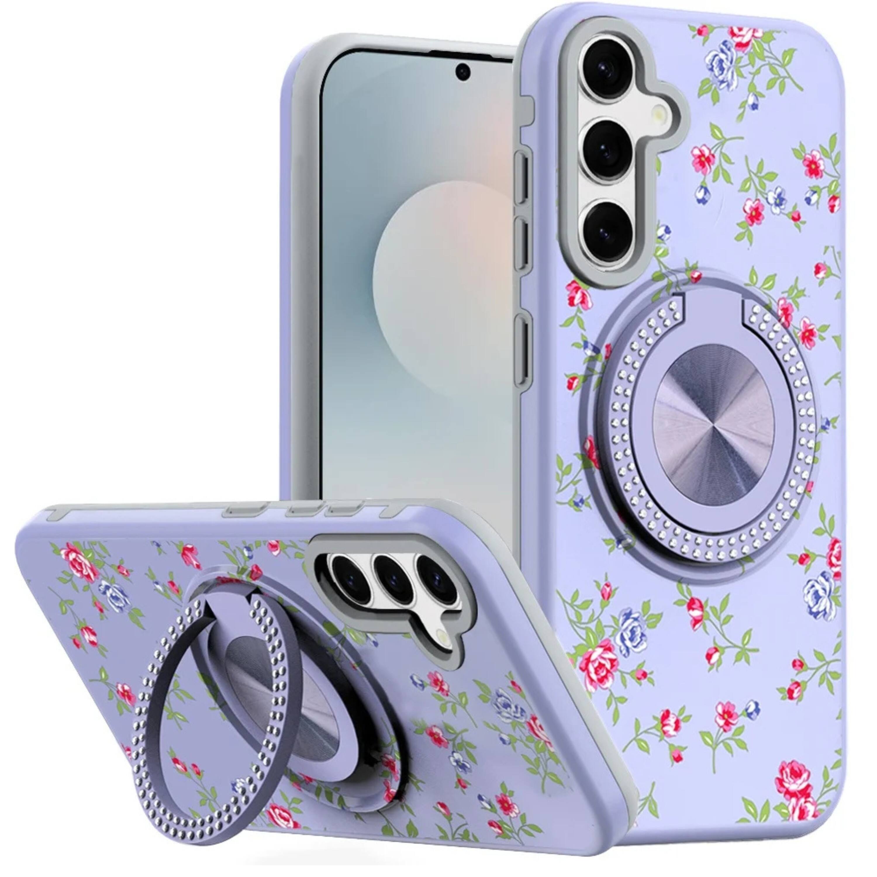 Front. Kitcheniva - Printed Bling 360 Rotating Ring Stand Phone Case With Tempered Glass For Samsung S26 6.3 Inch Purple Floral - Purple.