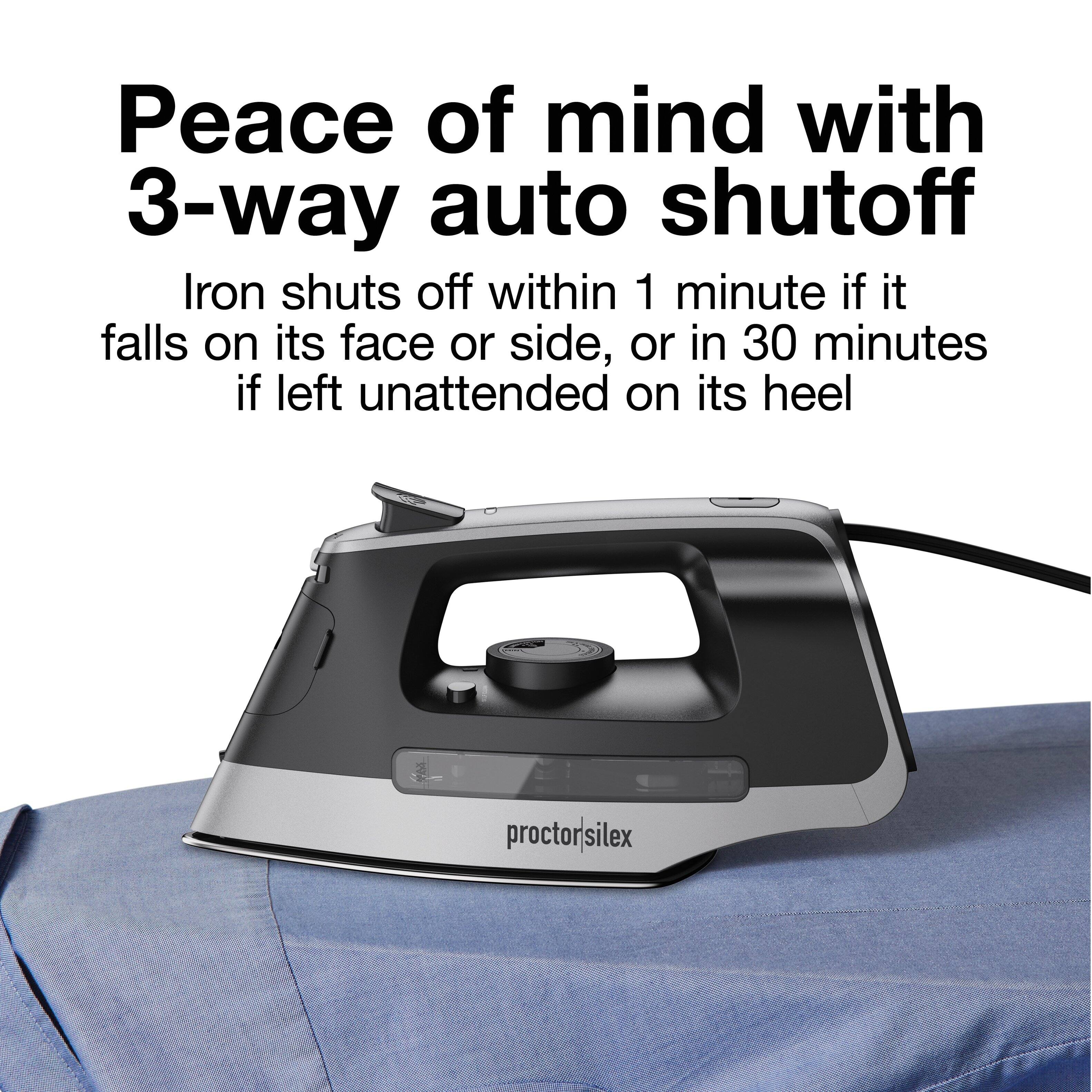 Peace of mind with 3-way auto shutoff  
Iron shuts off within 1 minute if it falls on its face or side, or in 30 minutes if left unattended on its heel