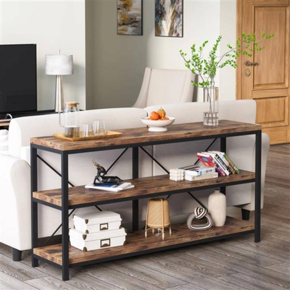 Angle. Hivvago - Industrial 55-inch Wood Shelf Console Sofa Table with Sturdy Black Metal Frame - Rustic, Black.