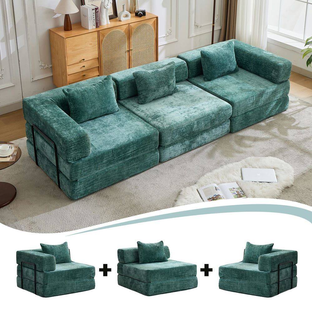 Alt View 7. Resenkos - Boneless Modular Sectional Sofa, Convertible Floor Bed with Fixed Frame and Chenille Fabric, Dark Green - Green.