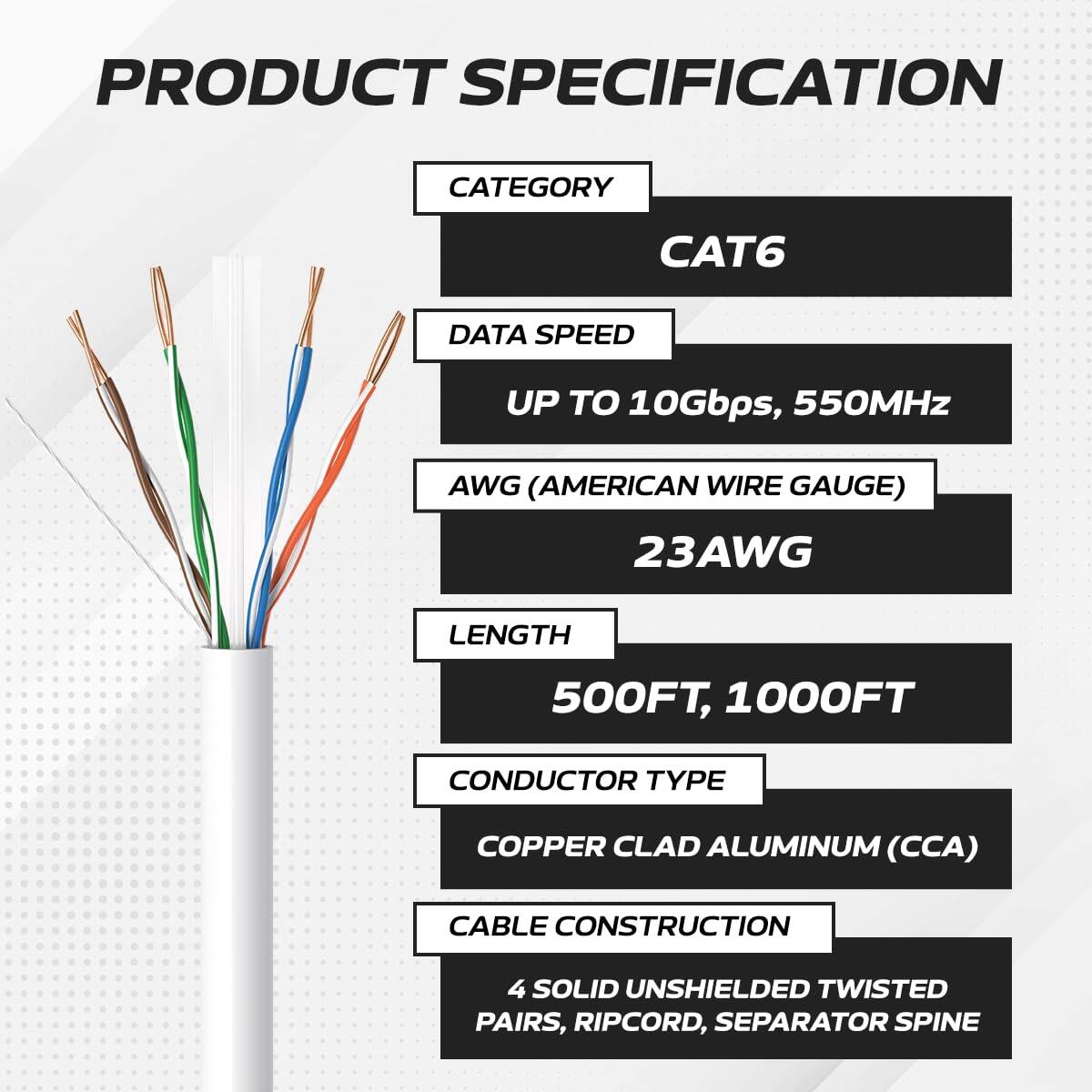 PRODUCT SPECIFICATION

CATEGORY: CAT6

DATA SPEED: UP TO 10Gbps, 550MHz

AWG (AMERICAN WIRE GAUGE): 23AWG

LENGTH: 500FT, 1000FT

CONDUCTOR TYPE: COPPER CLAD ALUMINUM (CCA)

CABLE CONSTRUCTION: 4 SOLID UNSHIELDED TWISTED PAIRS, RIPCORD, SEPARATOR SPINE