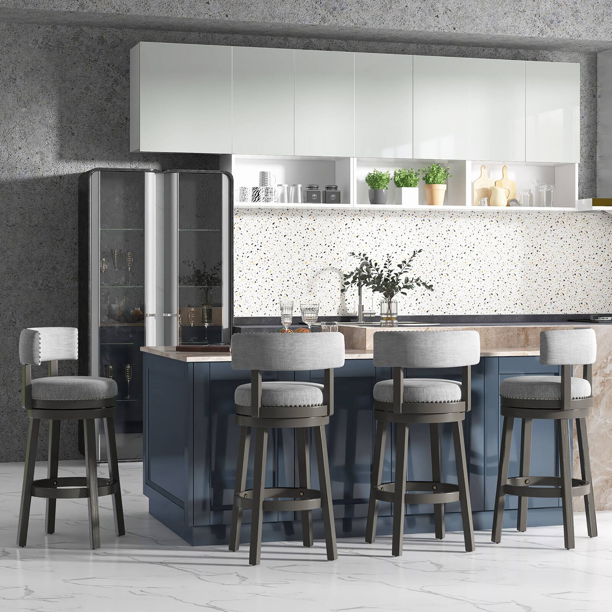 Alt View 4. Gymax - Gymax Upholstered Swivel Bar Stool Wooden Bar Height Kitchen Chair w/ Back Grey - Grey.