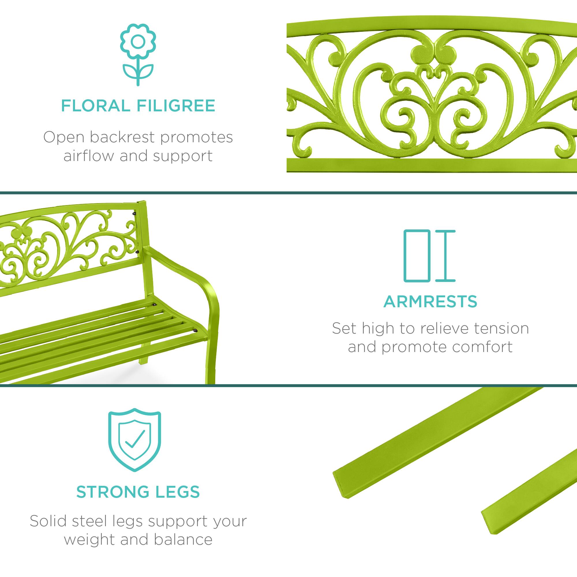 FLORAL FILIGREE  
Open backrest promotes airflow and support  

ARMRESTS  
Set high to relieve tension and promote comfort  

STRONG LEGS  
Solid steel legs support your weight and balance