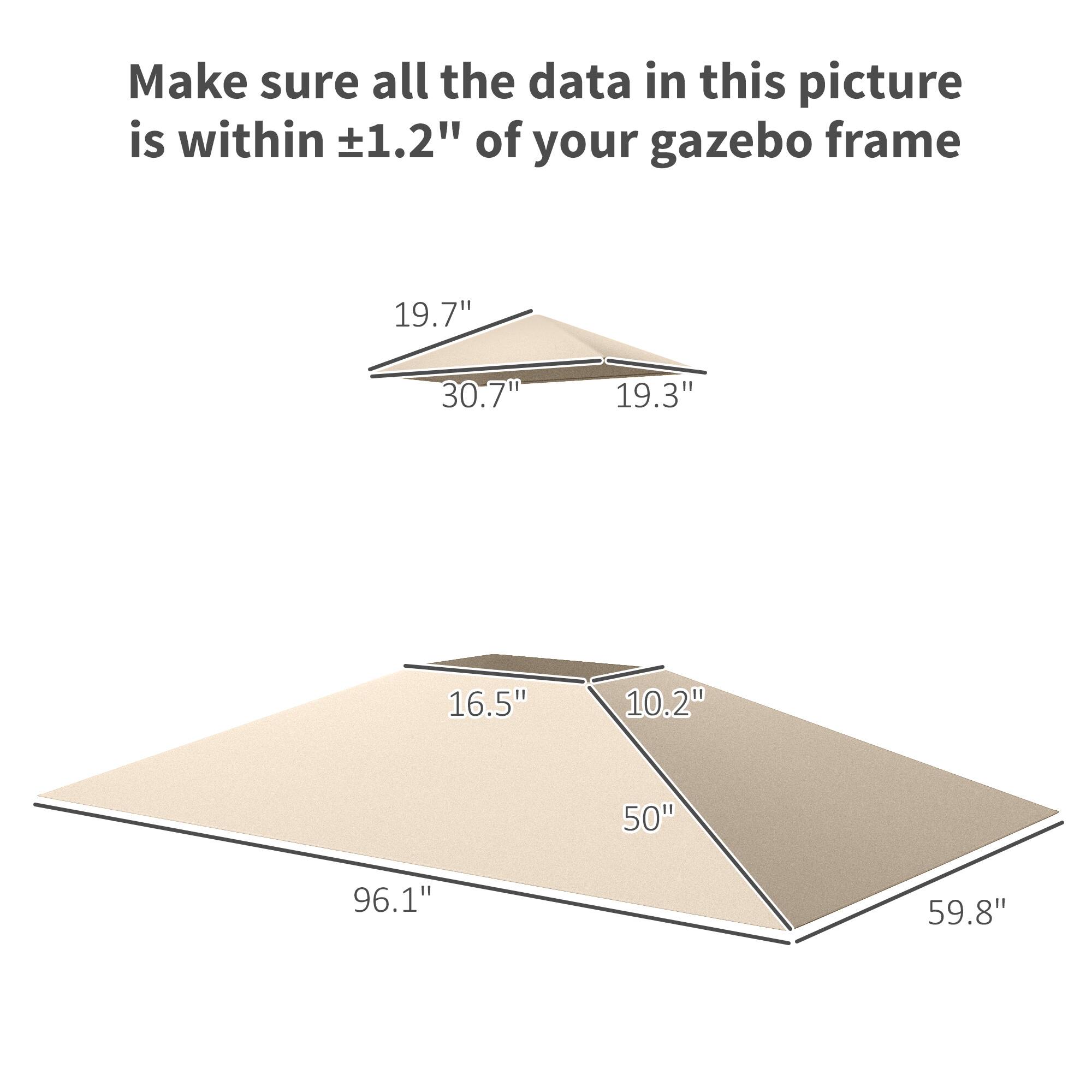 Make sure all the data in this picture is within ±1.2" of your gazebo frame

- 19.7"
- 30.7"
- 19.3"
- 16.5"
- 10.2"
- 50"
- 96.1"
- 59.8"
