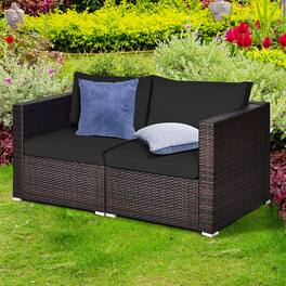 Gymax - 2PCS Rattan Corner Sofa Set Patio Outdoor Furniture Set w/ 4 Black Cushions - Brown
