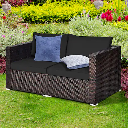 Front. Gymax - Gymax 2PCS Rattan Corner Sofa Set Patio Outdoor Furniture Set w/ 4 Black Cushions - Brown.