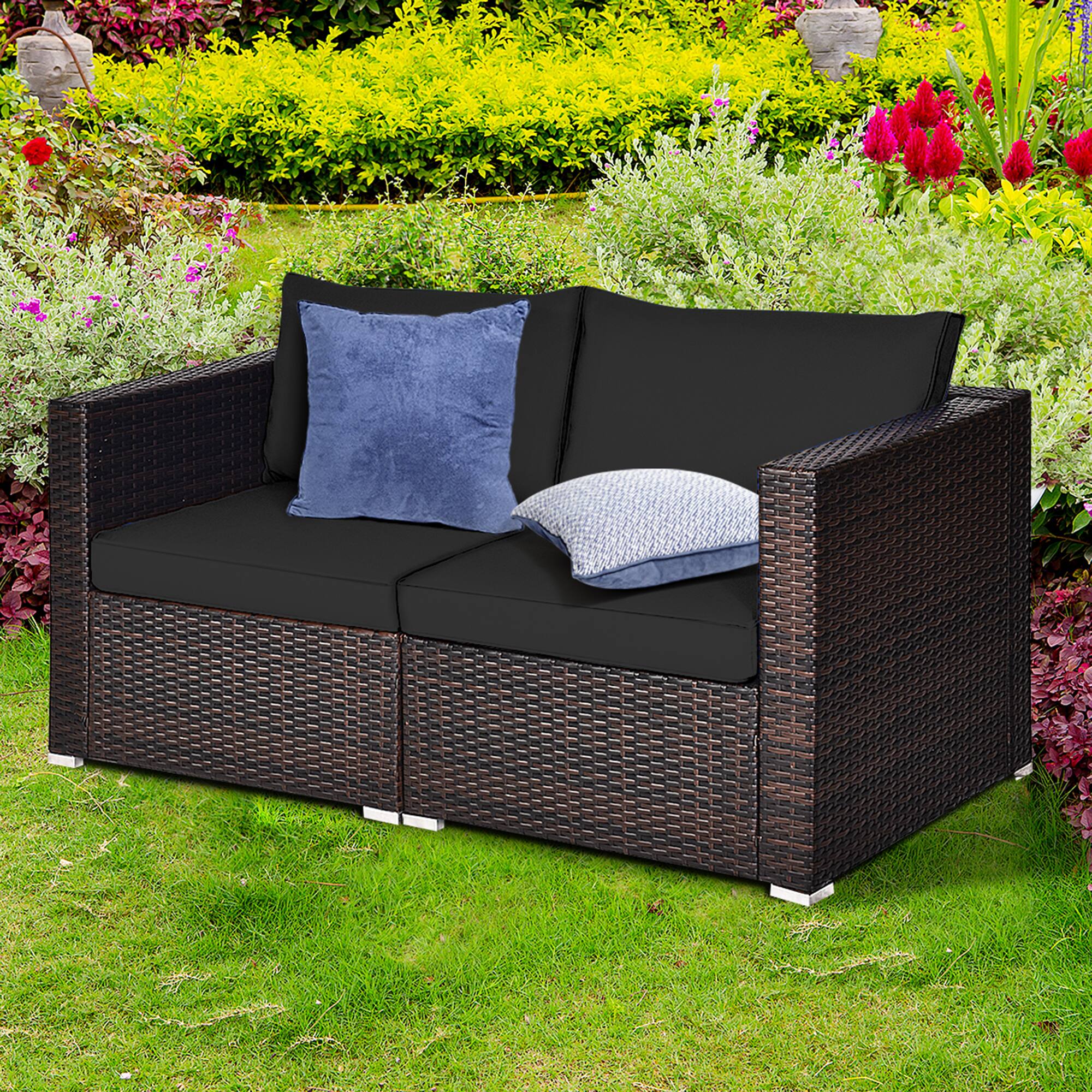 Front. Gymax - Gymax 2PCS Rattan Corner Sofa Set Patio Outdoor Furniture Set w/ 4 Black Cushions - Brown.