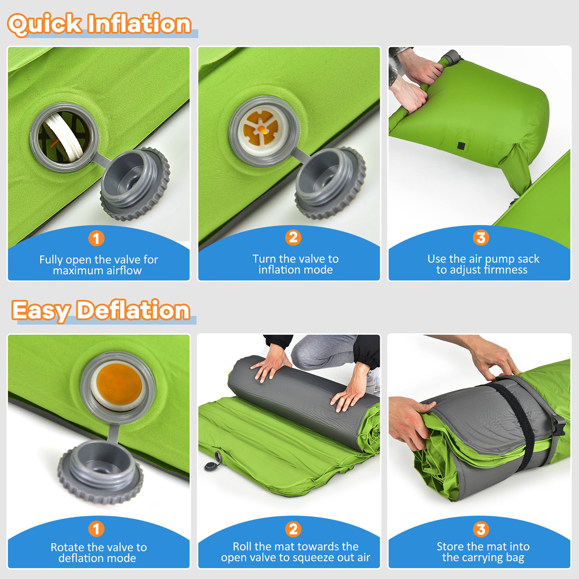 Quick Inflation  
1. Fully open the valve for maximum airflow  
2. Turn the valve to inflation mode  
3. Use the air pump sack to adjust firmness  

Easy Deflation  
1. Rotate the valve to deflation mode  
2. Roll the mat towards the open valve to squeeze out air  
3. Store the mat into the carrying bag