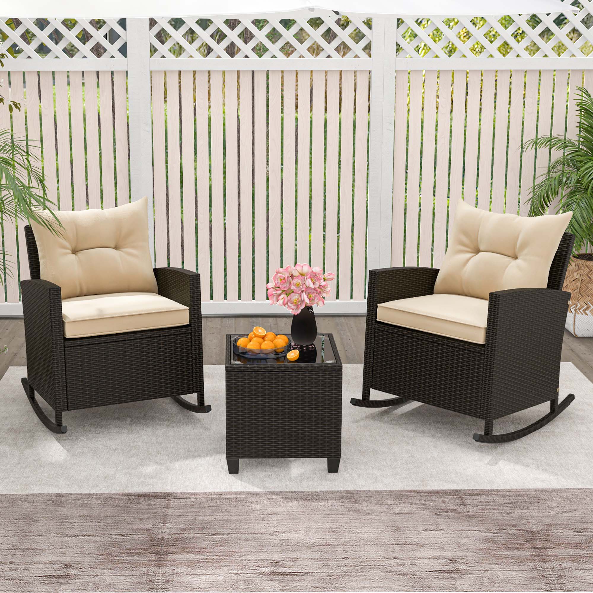 Alt View 7. Costway - 3 PCS Patio Wicker Rocking Set with Tempered Glass Table & Soft Cushions Outdoor - Beige + Mix Brown.