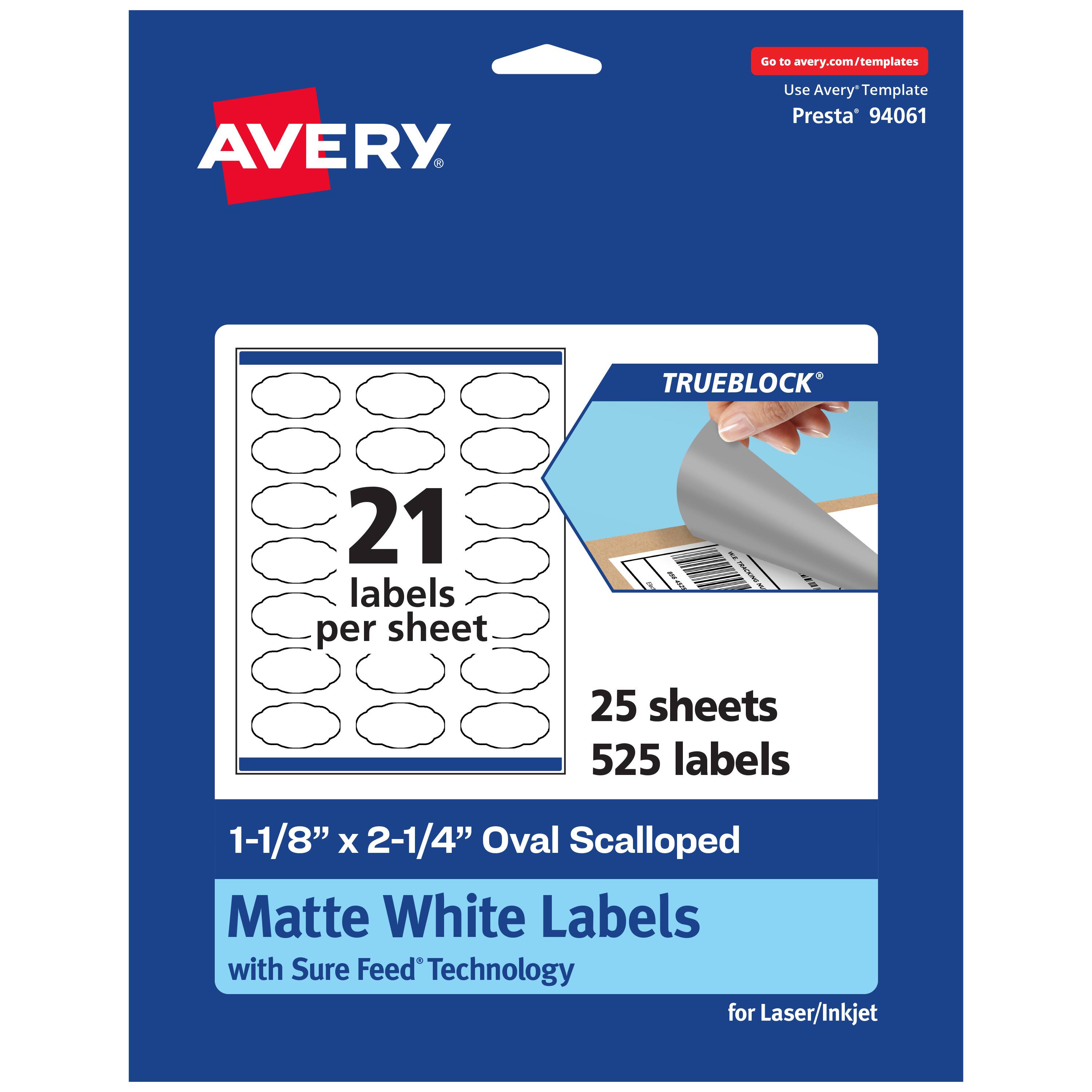 Go to avery.com/templates  
Use Avery Template Presta® 94061  

TRUEBLOCK®  
21 labels per sheet | 25 sheets | 525 labels  
1-1/8" x 2-1/4" Oval Scalloped Matte White Labels with Sure Feed Technology for Laser/Inkjet