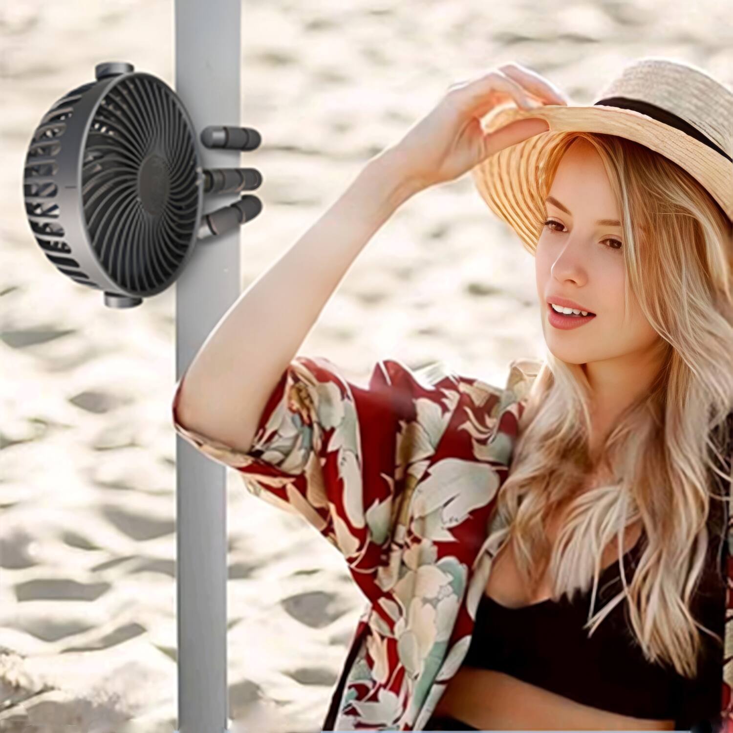 Angle. Airbro - 5" Rechargeable Oscillating Fan/Radio Combo, 4 Speeds, 800mAh Battery, 5 Hr Runtime, 360° Air Flow - Black.