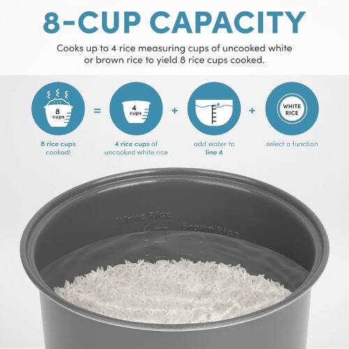 8-CUP CAPACITY  
Cooks up to 4 rice measuring cups of uncooked white or brown rice to yield 8 rice cups cooked.  

8 rice cups cooked!  
4 rice cups of uncooked white rice  
add water to line 4  
select a function  
White Rice  
Brown Rice
