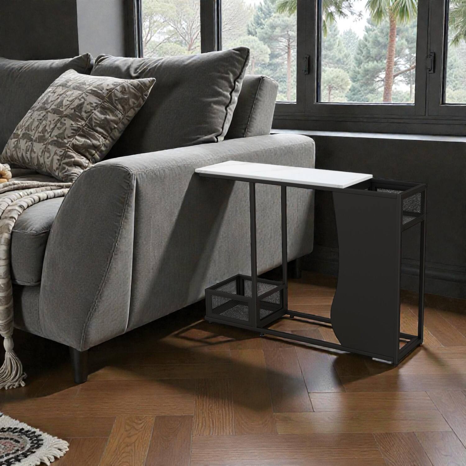 Front. Hivvago - Sleek Console Table with 43.5" Marble-Look Top and Plant Placement Feature - Black & White.