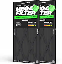 PuroAir - 14x30x1 HVAC Mega Filter MERV 13 Pleated Plus Activated Carbon Air Filter (2-Pack) - Black
