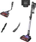 The image features a Shark vacuum cleaner with a purple handle and a purple brush. The vacuum is shown in various stages of assembly, including a close-up view of the brush and a side view of the vacuum. The image also includes a timer, which indicates the time spent cleaning.