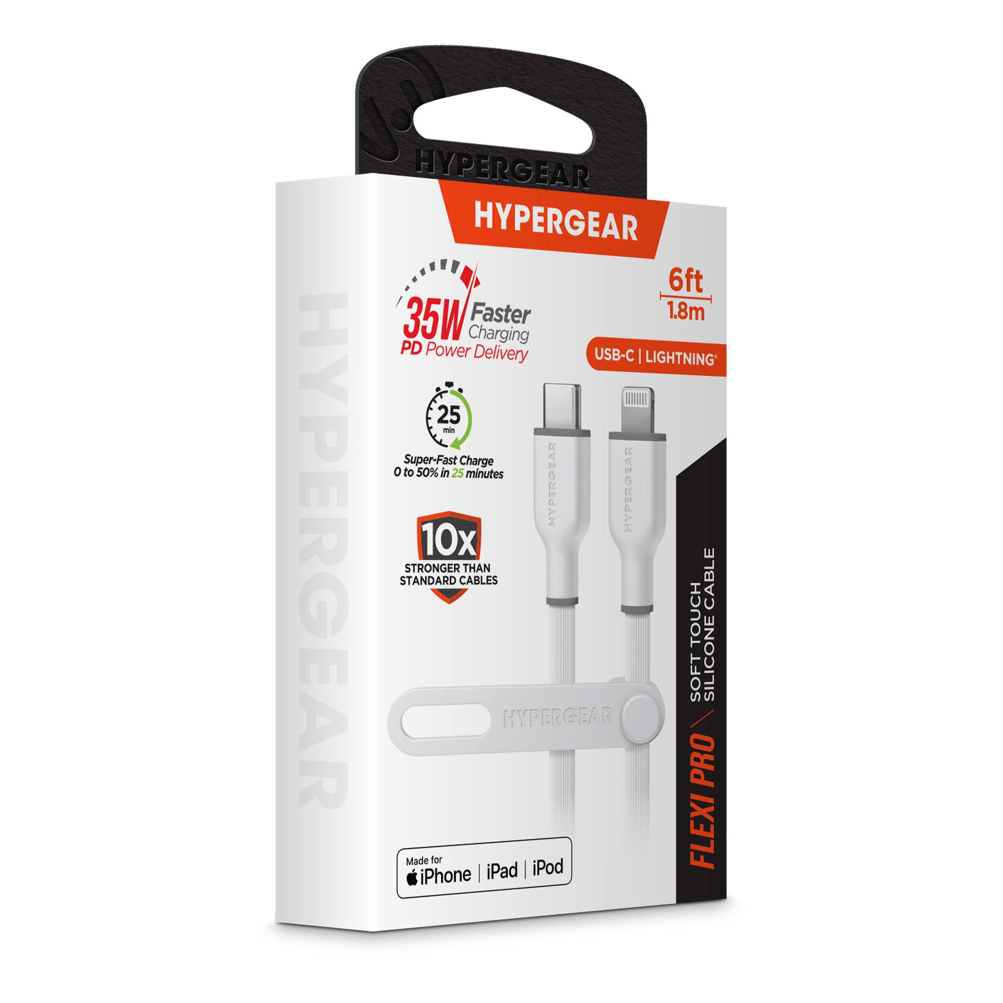 HYPERGEAR HYPERGEAR 6ft 35W Faster 1.8m Charging PD Power Delivery USB-C LIGHTNING 25 - Super-Fast Charge 0 to 50% in 25 minutes HYPERGEAR 10x STRONGER THAN STANDARD CABLES CABLE TOUCH SOFT SILICONE HYPERGEAR PRO Made for | iPod iPhone iPad