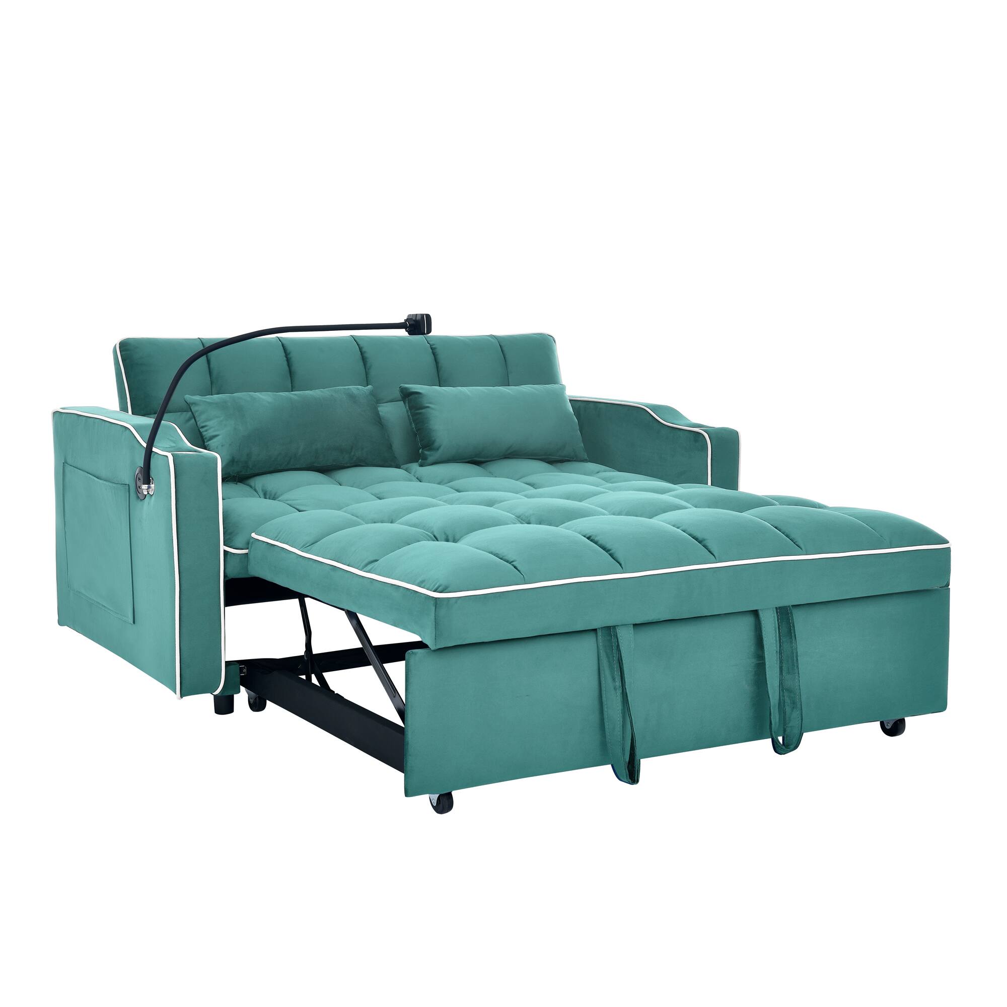 Alt View 4. Tiramisubest - Modern Velvet Versatile Foldable Sofa Bed in 3 Lengths,Adjustable Back w/ USB Port,Ashtray & Swivel Phone Stand (Green) - Antique blue green.
