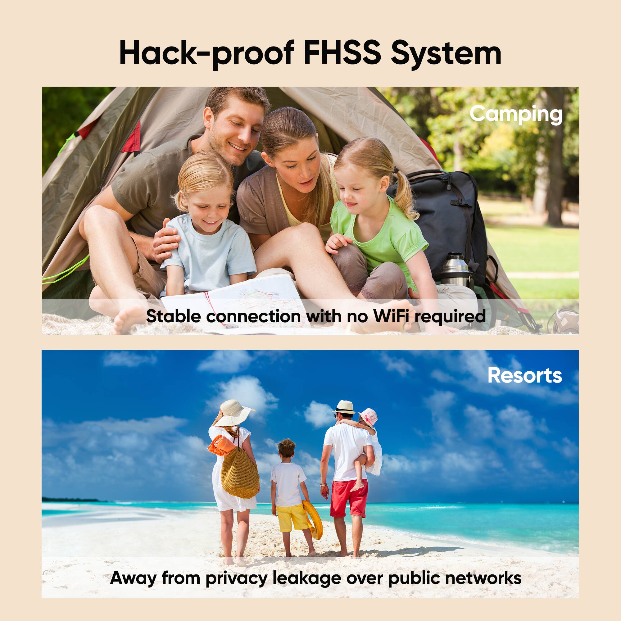Hack-proof FHSS System
Camping: Stable connection with no WiFi required
Resorts: Away from privacy leakage over public networks