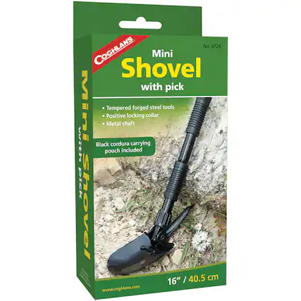 No. 9720 COGHLANS Mini Shovel with pick
Mini Tempered Positive Metal shaft locking forged collar steel tools with Black cordura carrying pouch included
16" / 40.5 cm
www.coghlans.com