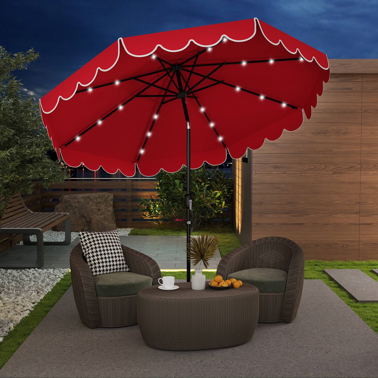 Alt View 4. Gymax - Gymax 9.3 FT Solar Patio Umbrella w/ 32 LED Lights & Vented Top & Ruffles Beige Red - Red.