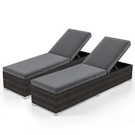 Gymax - 2 PCS Outdoor Chaise Lounge w/ Long Seat Cushion Heavy-Duty Metal Frame - Mix Brown, Gray