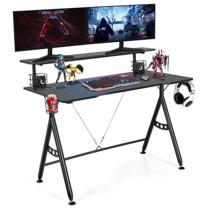 Front. Costway - Gaming Desk with Monitor Stand and Cup Holder - Black.
