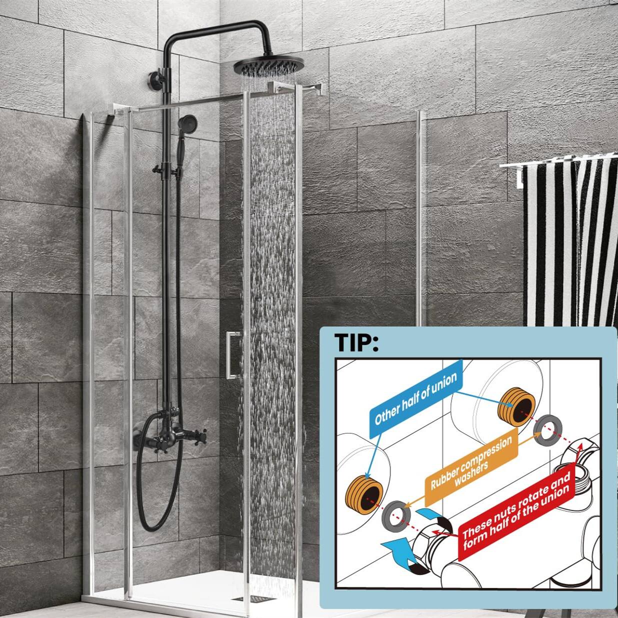 TIP:  
- Other half of union  
- Rubber compression washers  
- These nuts rotate and form half of the union