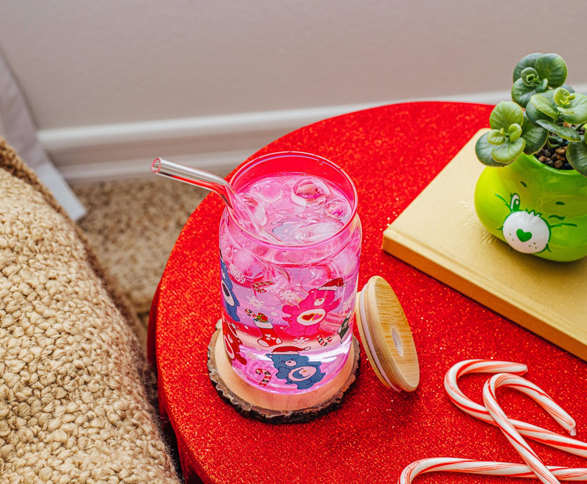Alt View 5. Silver Buffalo - Care Bears Holiday Glass Tumbler With Bamboo Lid and Straw | Holds 16 Ounces - Pink.