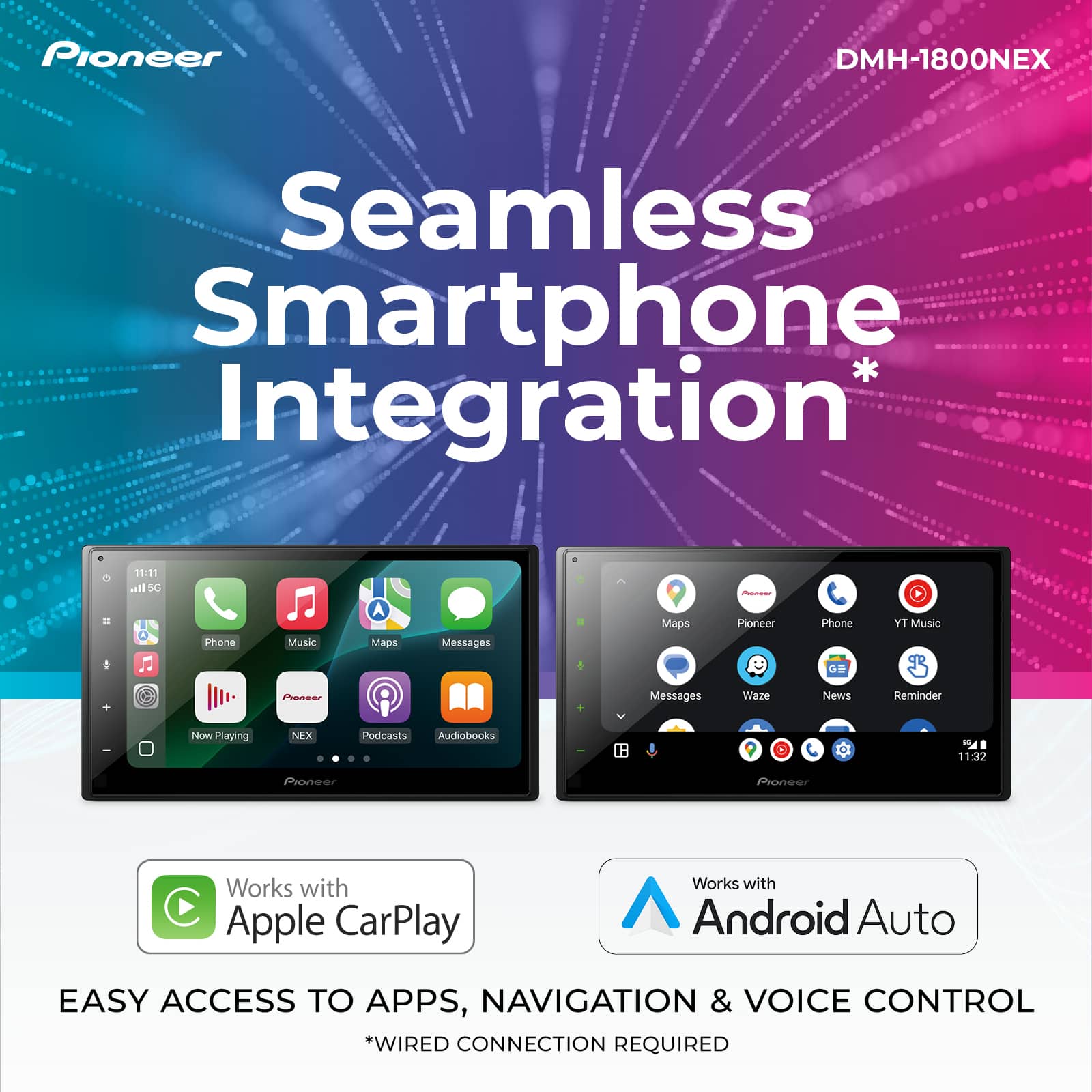 Pioneer DMH-1800NEX Seamless Smartphone Integration "Easy Access to Apps, Navigation & Voice Control"
This text describes the features of the Pioneer DMH-1800NEX, which offers seamless integration with smartphones through Apple CarPlay and Android Auto. The device provides easy access to various apps, navigation, and voice control, making it a convenient and user-friendly option for drivers. The text also emphasizes that a wired connection is required for the integration to work properly.