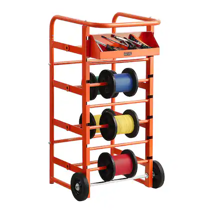 Front. VEVOR - Wire Spool Rack, 11 Rods, Multi-Spool Wire Rack Dispenser, Cable Caddy with Wheels, Cable Holder with Storage Tray - Orange.