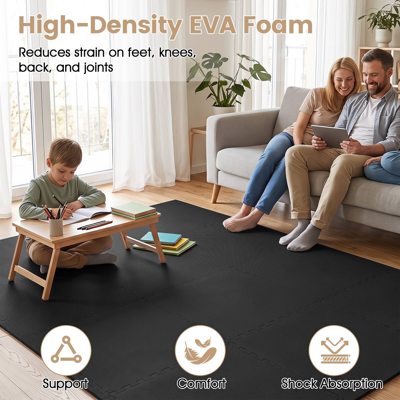 High-Density EVA Foam Reduces strain on feet, knees, back, and joints

Support
Comfort
Shock Absorption