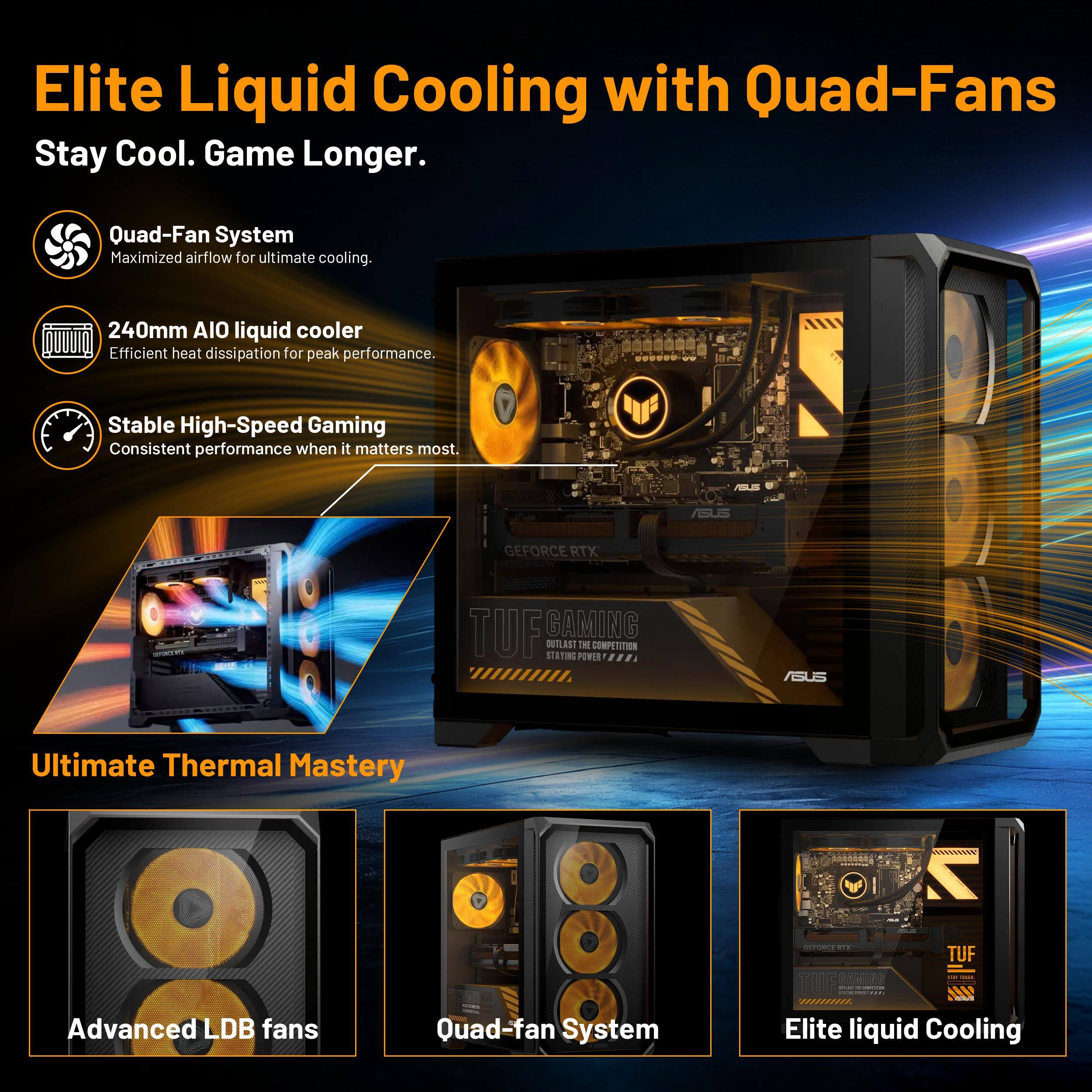 Elite Liquid Cooling with Quad-Fans  
Stay Cool. Game Longer.  

Quad-Fan System  
Maximized airflow for ultimate cooling.  

240mm AIO liquid cooler  
Efficient heat dissipation for peak performance.  

Stable High-Speed Gaming  
Consistent performance when it matters most.  

ASUS  
ASUS  
GEFORCE RTX  

TUF GAMING  
OUTLAST THE COMPETITION  
STAYING POWER  

ASUS  
Ultimate Thermal Mastery  
Advanced LDB fans  
Quad-fan System  
Elite liquid Cooling