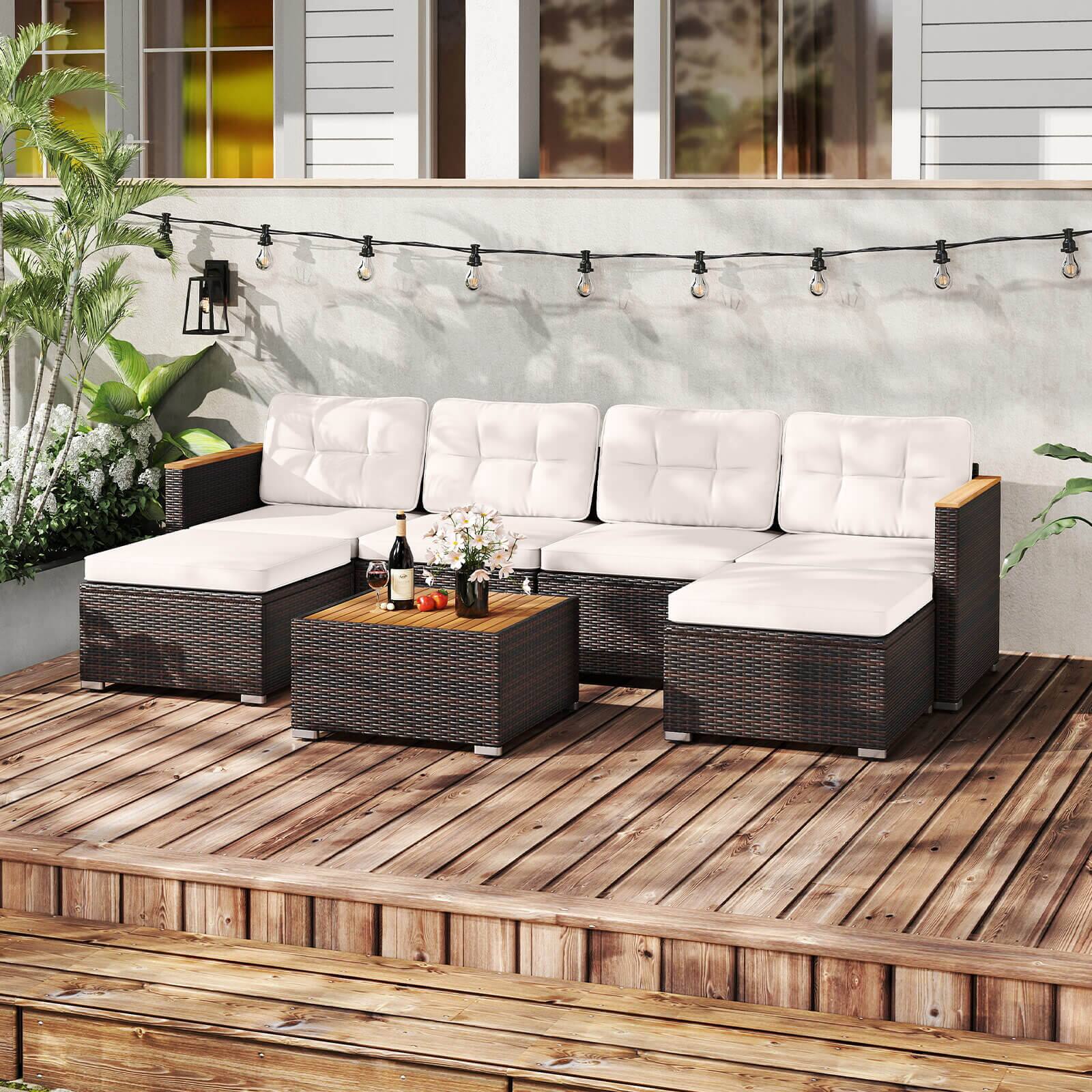 Alt View 1. Costway - Costway 7 PCS Wicker Conversation Set with Seat & Back Cushions Wood Armrests & Tabletop - Off White.