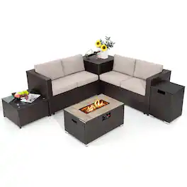 Gymax - 6 Piece Patio Sofa & Fire Table Set Outdoor Rattan Sectional Sofa Set w/ Storage Box Beige - Mix Brown, Beige