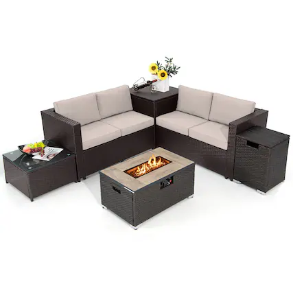 Front. Gymax - Gymax 6 Piece Patio Sofa & Fire Table Set Outdoor Rattan Sectional Sofa Set w/ Storage Box Beige - Mix Brown, Beige.
