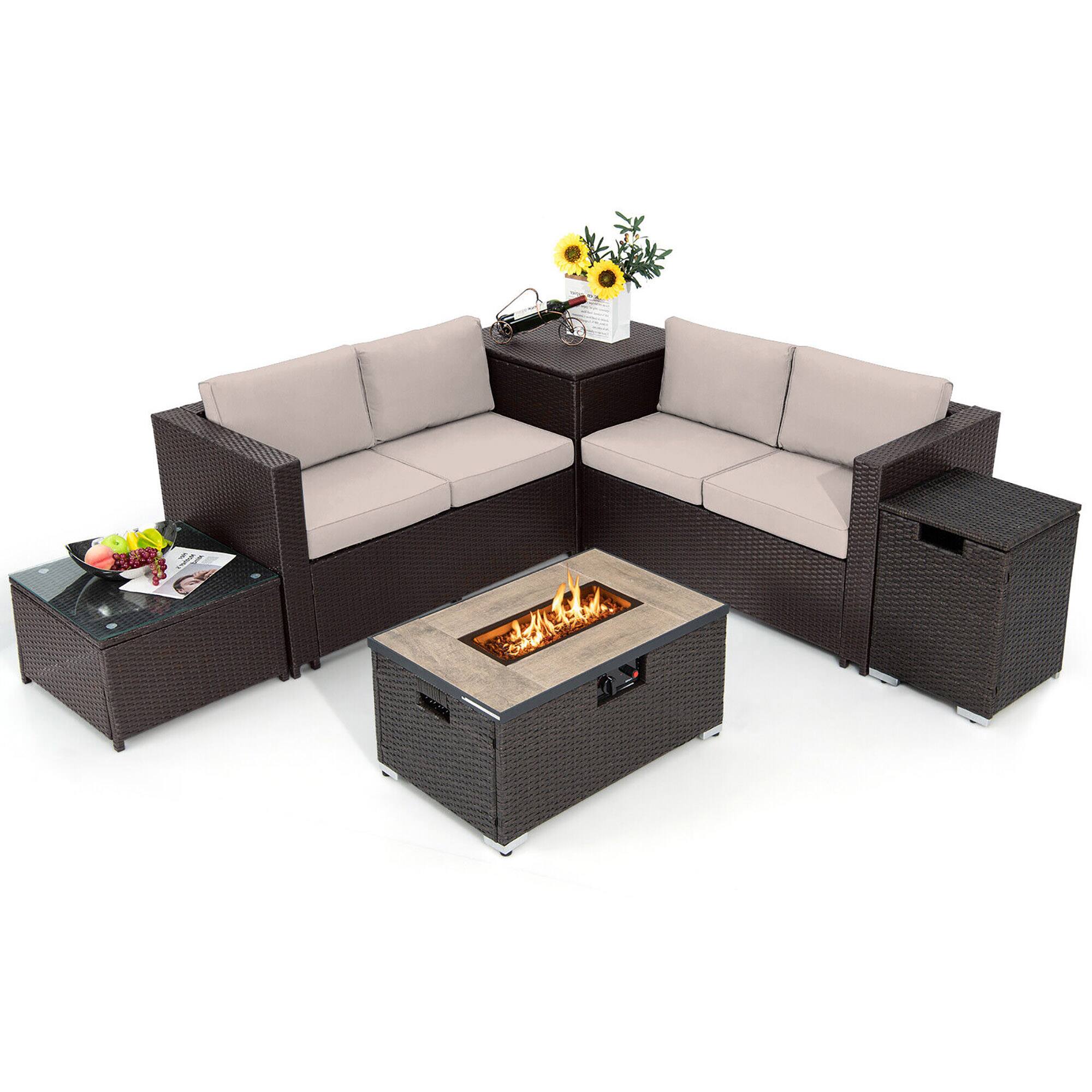 Front. Gymax - Gymax 6 Piece Patio Sofa & Fire Table Set Outdoor Rattan Sectional Sofa Set w/ Storage Box Beige - Mix Brown, Beige.