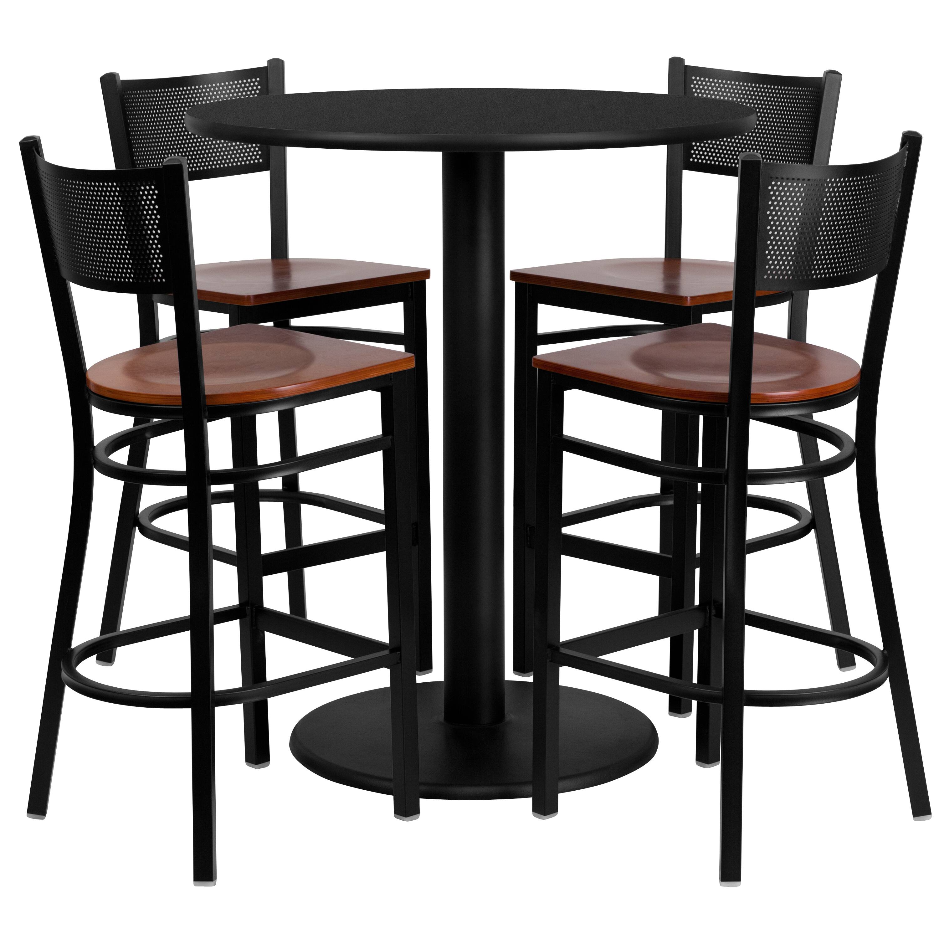 Front. Flash Furniture - Clark 36'' Round Black Laminate Table Set with 4 Grid Back Metal Barstools - Cherry Wood Seat - Red.