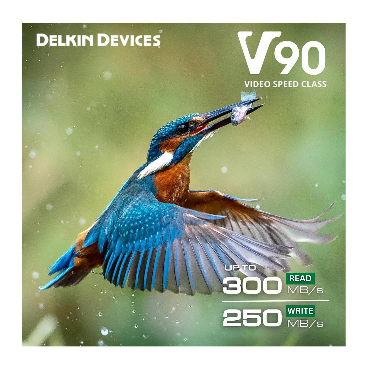DELKIN DEVICES  
V90 VIDEO SPEED CLASS  
UP TO READ 300 MB/s WRITE 250 MB/s