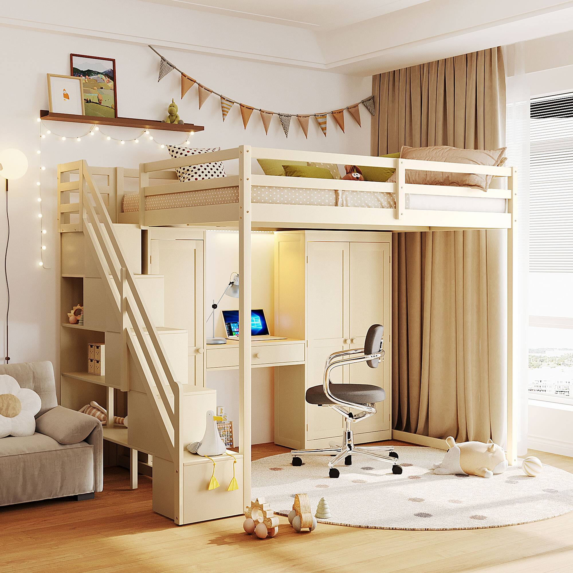 Left. Anysun - Full Size Loft Bed with Storage Staircase - Built-In Dressing Table & Mirror, Wardrobe, USB Ports & Lights - Beige.